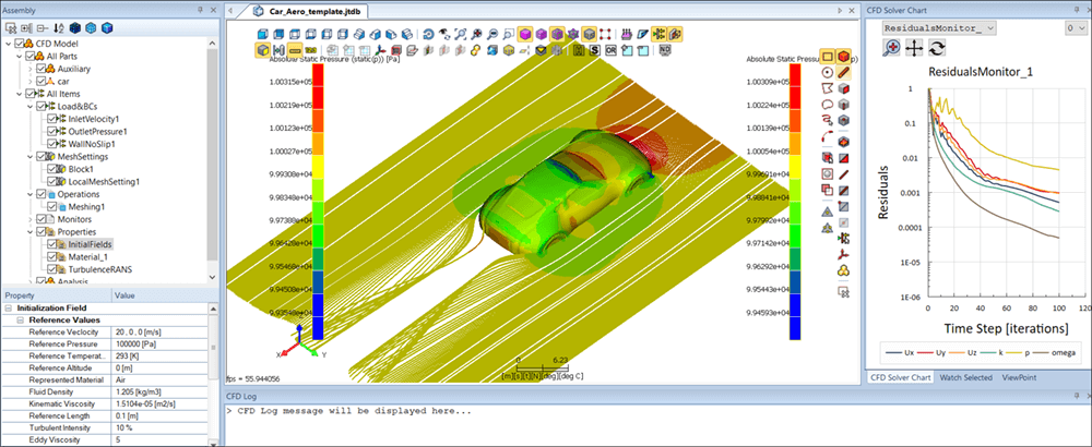 車体周りの流れの流線とOpenFOAMモニター（Jupiter-CFD）